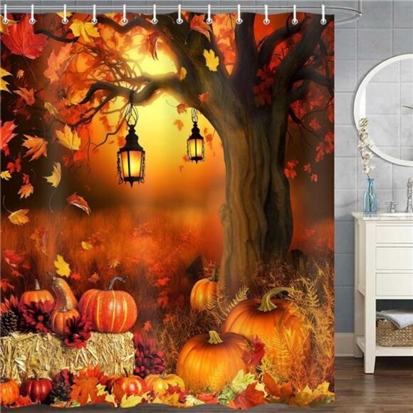 New Fall Harvest Pumpkin Shower Curtain w/Autumn Leaves -69x70" Farmhouse Decor - Picture 3 of 7